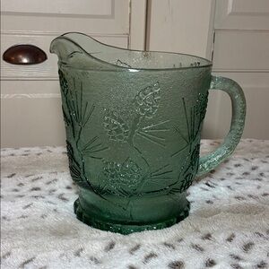Tiara Green Textured Glass Pitcher Pine Cone Motif Vintage EUC